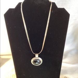Vintage Taxco Sterling Silver & Onyx Pendant w/ 18” Herringbone Sterling Chain